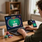 Tg88 online gaming setup with poker gameplay on laptop and betting app on smartphone.