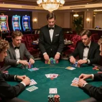 Players engaging in a high-stakes poker game at LV 88 casino, with vibrant atmosphere and luxurious decor.