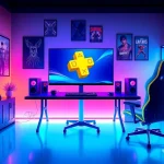 Graficzny zestaw gier z logo PS Plus na ekranie, nowoczesna aranżacja z RGB.