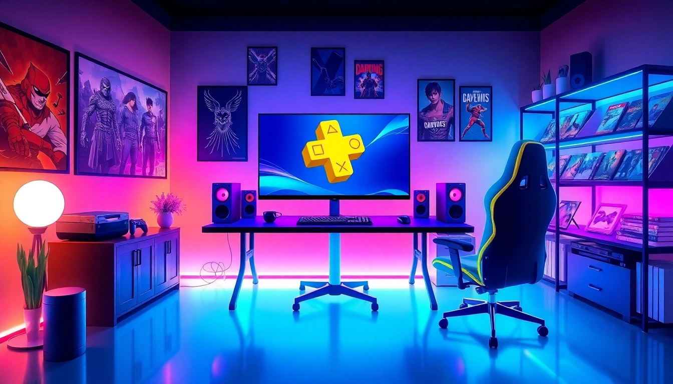 Graficzny zestaw gier z logo PS Plus na ekranie, nowoczesna aranżacja z RGB.