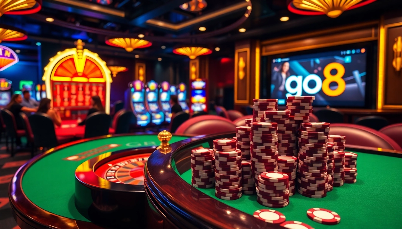 Experience high-stakes excitement at the go8 casino with roulette tables and vibrant slot machines.