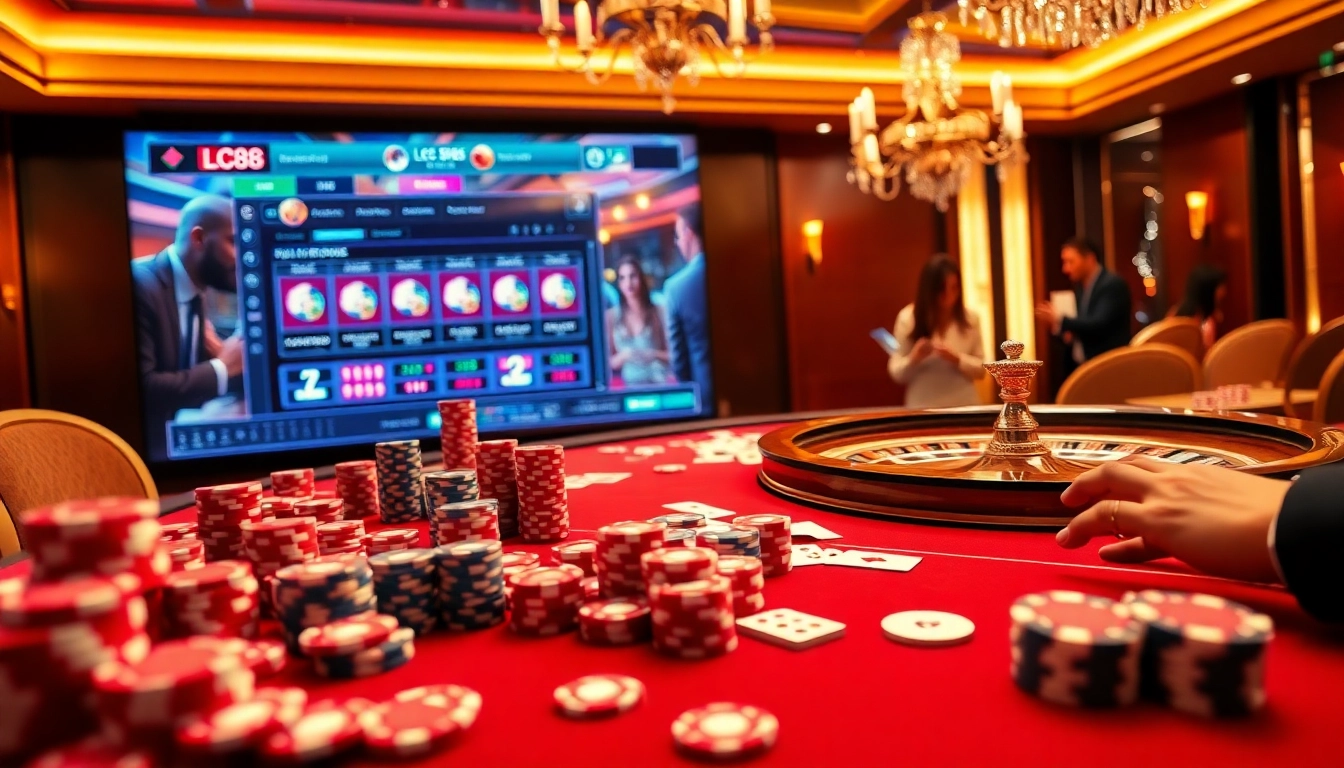 Experience the thrill of online gambling at https://lc88.supply/ with vibrant casino elements like poker chips and a roulette wheel.