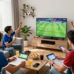 Cá độ bóng đá - Friends cheering for teams in a lively sports betting atmosphere.