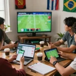 People engaging with kênh kèo nhà cái, analyzing live sports odds on multiple devices in a dynamic environment.