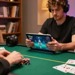 Engaging player at home poker game on tablet, showcasing Trang chủ TT88 gaming strategy and entertainment