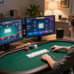 Player analyzing poker hands on multiple screens for ok8386 with focus and strategy