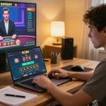 Player engaging with SC88 casino game on laptop in modern home setup, highlighting online betting strategy.