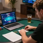 Miso88 player strategizing during an online poker game in a cozy home setting.