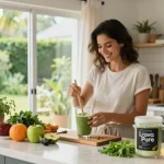 Przygotowanie smoothie z zeolitu lava pure w jasnej kuchni, prezentujące witalność i zdrowie.