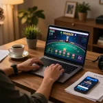98wincom player focusing on a strategic blackjack game from a stylish home office setup.