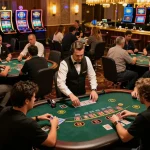 79king gamblers placing strategic bets at blackjack tables in a lively casino atmosphere
