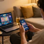 Engaging with slot88 resmi apk on a smartphone during a cozy home gaming session with snacks and a laptop