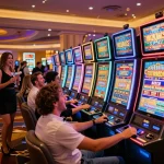 Players enjoying vibrant slot machine experience at a Las Vegas casino with sunwin-themed excitement
