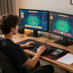 Experience engaging gameplay at Go8 with an online gambler strategizing in a stylish home office.