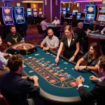 Casino XX88 players enjoying a thrilling roulette game, dynamic atmosphere filled with excitement.