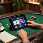 g28 player engaged in online poker, analyzing strategies at home with warm lighting