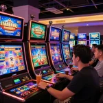 Players enjoying vibrant slot machines at nhà cái QQ88, surrounded by neon lights and excitement.