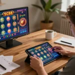 Engaging in SC88 online casino games at home with strategy notes and tablet.