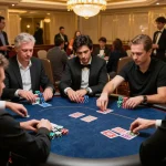 Engaged players calculate odds during an exciting game xx88 session at an upscale casino table.