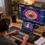 Engaged player enjoying o8 live dealer games at home with multiple screens.