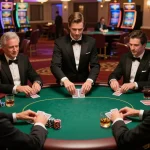 Players strategizing at cm88casino poker game, chips stacked and cards dealt dynamically, luxurious casino atmosphere.