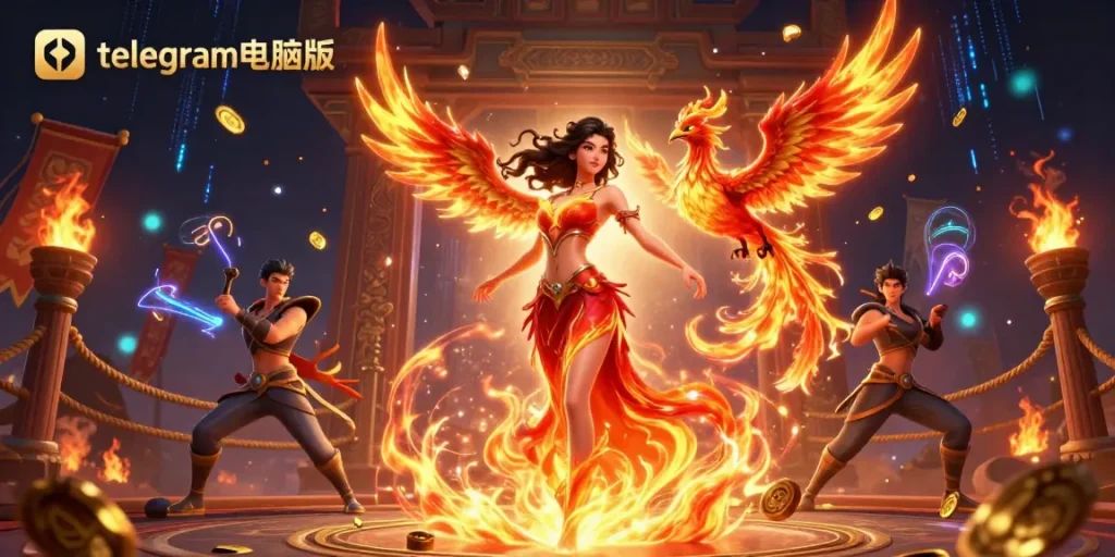在充满活力的赌场环境中，体验telegram电脑版的精彩世界，身旁有一位迷人的亚洲女性和她的凤凰伴侣。