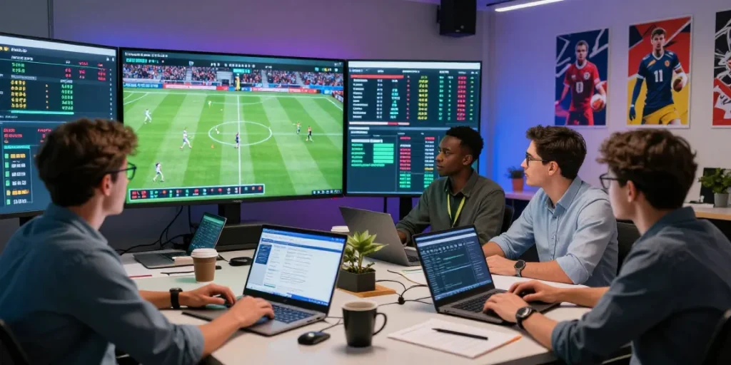 Analyze nhận định kèo nhà cái with expert sports analysts in a high-tech office environment.