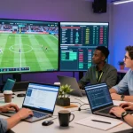 Analyze nhận định kèo nhà cái with expert sports analysts in a high-tech office environment.