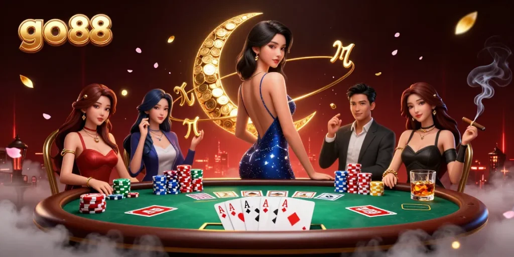 Engage in the thrill of go 88 casino, featuring vibrant poker elements and an elegant character.