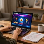 Player engaging with F8bet on a laptop, showcasing online casino games and strategy notes in a cozy home office.