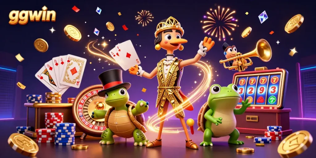 Engage in exciting betting adventures with ggwin at a glamorous gambling scene featuring cartoon characters.