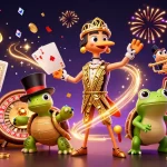 Engage in exciting betting adventures with ggwin at a glamorous gambling scene featuring cartoon characters.