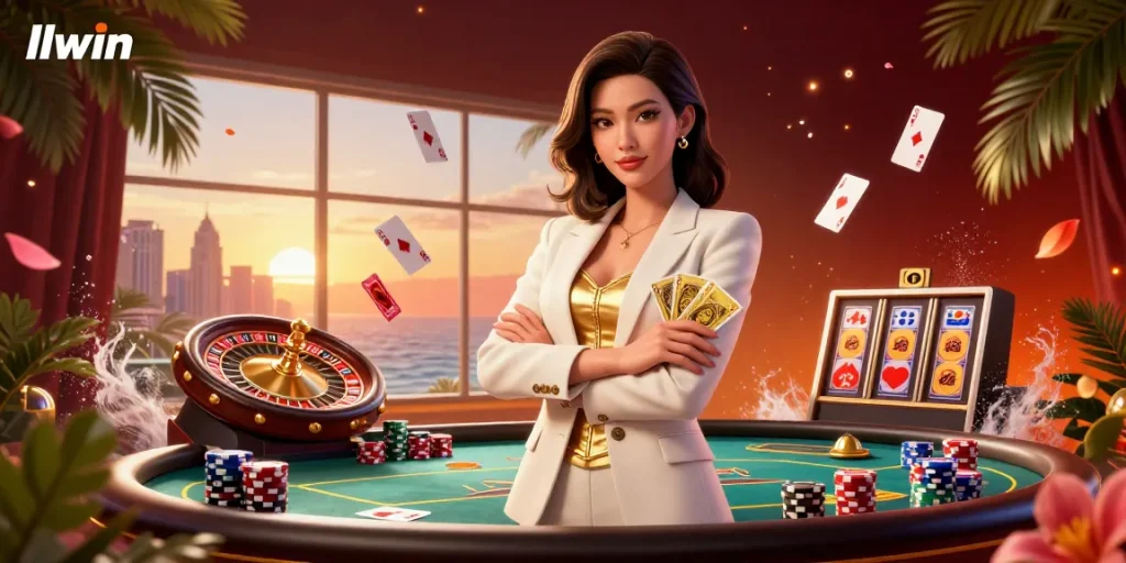 Engage in thrilling gaming adventures at llwin, featuring an elegant woman in a casino setting with vibrant poker elements.