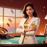 Engage in thrilling gaming adventures at llwin, featuring an elegant woman in a casino setting with vibrant poker elements.