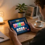 Engaging with vip66 online casino on a tablet, strategizing in a cozy home environment