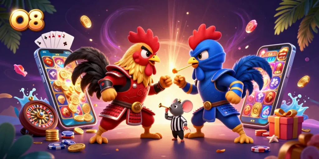 Engage in thrilling matches at O8 with dynamic roosters facing off amid casino games.