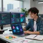 Engaging professional exploring crush on ai in a modern tech workspace with vibrant designs and digital screens.