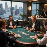 Players engaged in an intense poker game at 98wincom's upscale lounge, showcasing excitement and strategy.