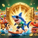 Engage with sumclub's thrilling 3D casino illustration featuring a shark amid gold coins and slot reels.