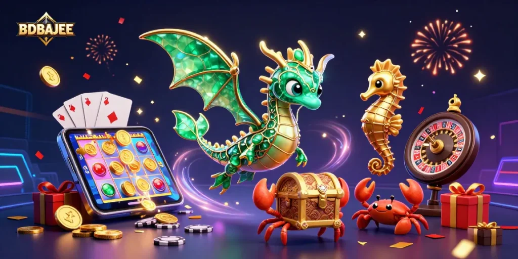 BDBAJEE showcases a dynamic 3D scene with a sea dragon, slot games, and vibrant gambling elements.