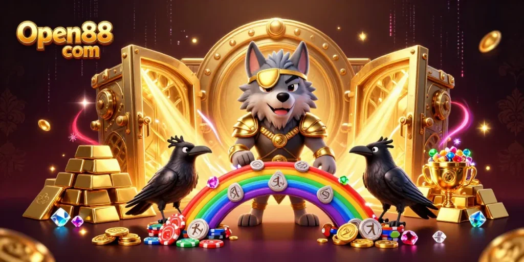 Experience fortune and excitement at Open88 com with a vibrant 3D casino illustration featuring Odin and treasure.