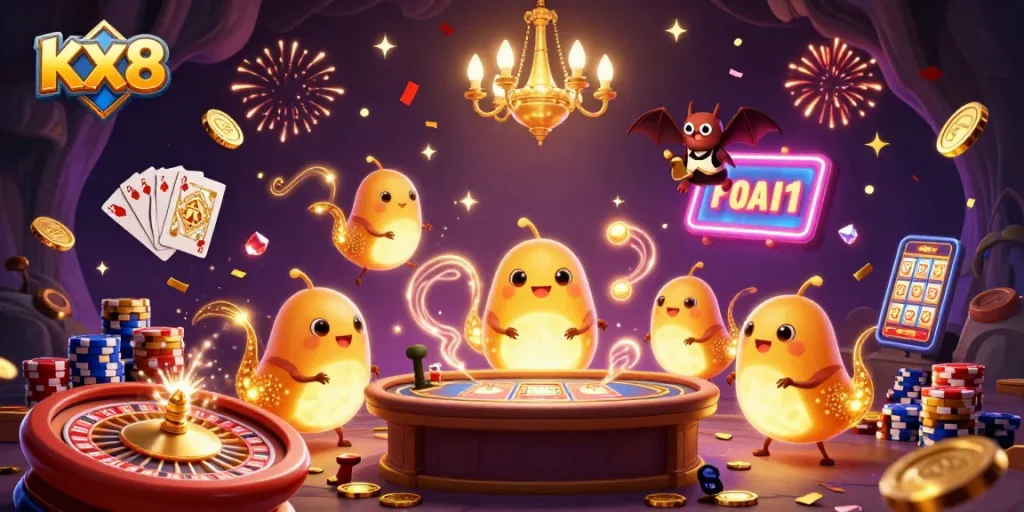 Experience KX8's vibrant casino world with glowworms illuminating games while winning coins and jackpots.