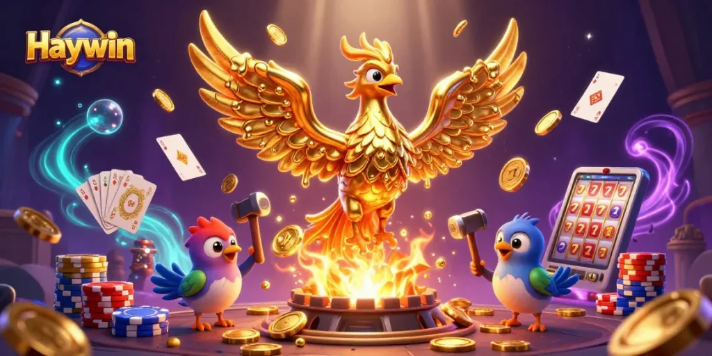 Haywin offers captivating gambling adventures with golden phoenix, coins, and festive casino elements.