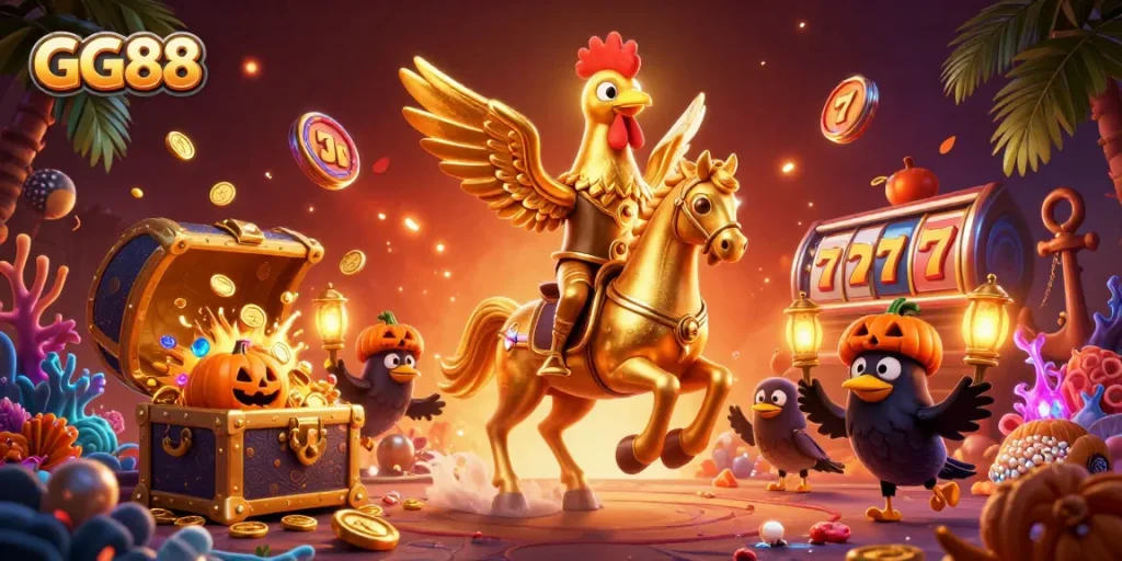 Elevate your gaming experience with GG88's dynamic casino scene full of slots and treasure.
