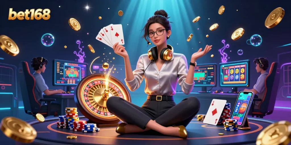 Engaging scene showcasing bet168 with an elegant Asian woman gaming at a high-tech casino setup, surrounded by vibrant gaming elements.