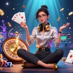 Engaging scene showcasing bet168 with an elegant Asian woman gaming at a high-tech casino setup, surrounded by vibrant gaming elements.