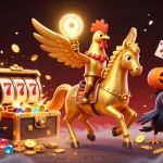 Go88 offers thrilling gaming excitement with a golden rooster and spooky companions in a vibrant casino.