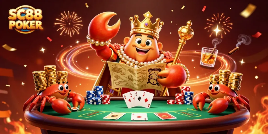 Experience SC88 POKER with a dynamic scene of golden crab emperor amidst vibrant casino elements and poker excitement.