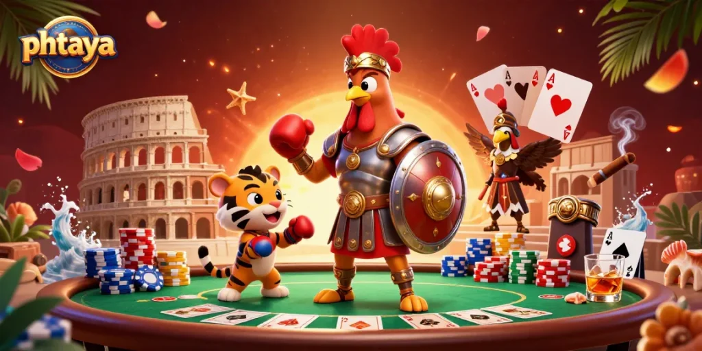 Experience the thrill of phtaya with a dynamic 3D illustration showcasing a rooster warrior battling in style.