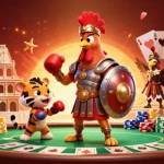 Experience the thrill of phtaya with a dynamic 3D illustration showcasing a rooster warrior battling in style.